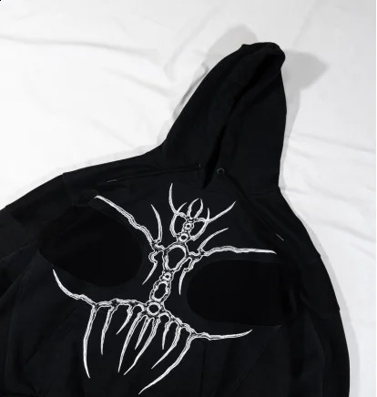 Harajuku Gothic pattern stitching printed hooded hoodie for women y2k retro versatile long-sleeved loose couple personalized top 240821