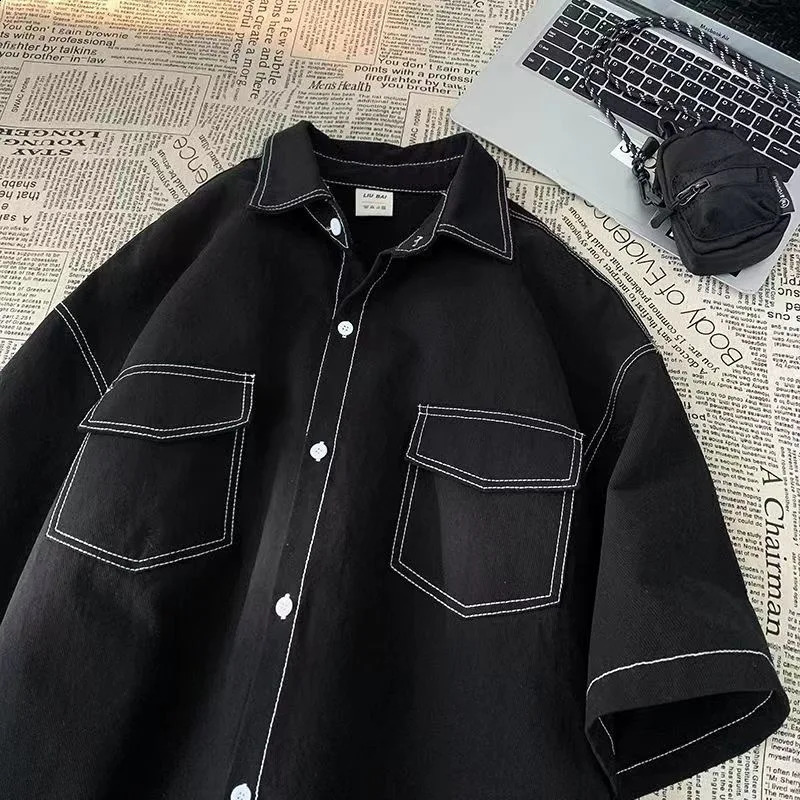 Japanese Vintage Short Sleeve Shirts for Men 2024 Pocket Printed Fashion Polo Neck Button Casual Men Clothing Tops 240821