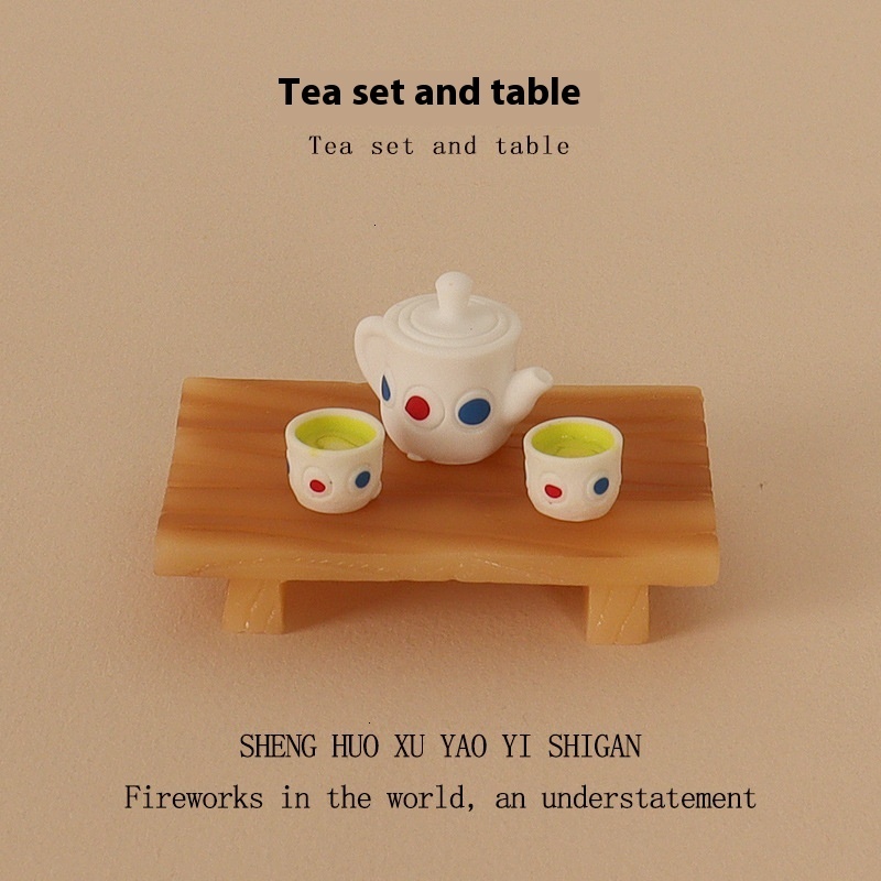 Resin Creative Crafts Mini Tea Set Elderly Doll Office Desktop Small Ornament Micro Landscape Home Scene