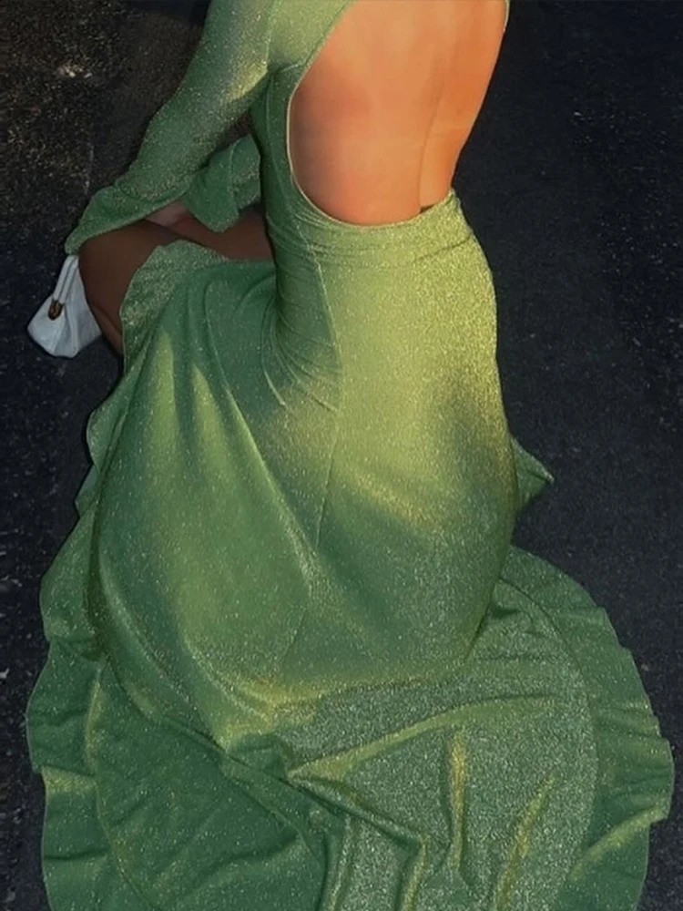 Sexy Knitted Backless Dress Women Irregular Ruffle Long Flare Sleeve Hip Package Sequin Female Midi Dresse Summer Lady Robe 240815