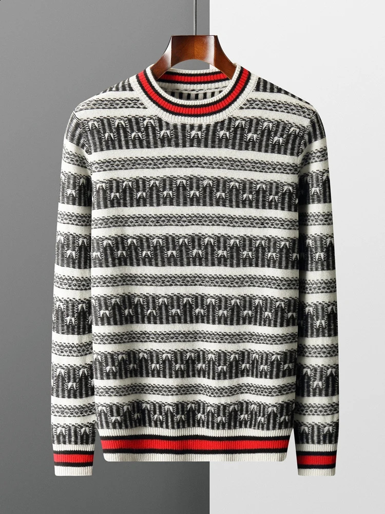 Autumn and Winter 100% Merino Wool Knitted Cashmere Sweater Mens O-Neck Pullover Jacquard Retro Stripe Contrast Top 240821