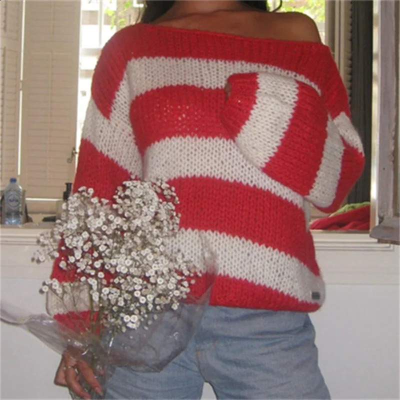 Y2k crochet knitted striped jumper womens white and blue sweater loose Oneck long sleeved zipper top autumnwinter streetwear 240821