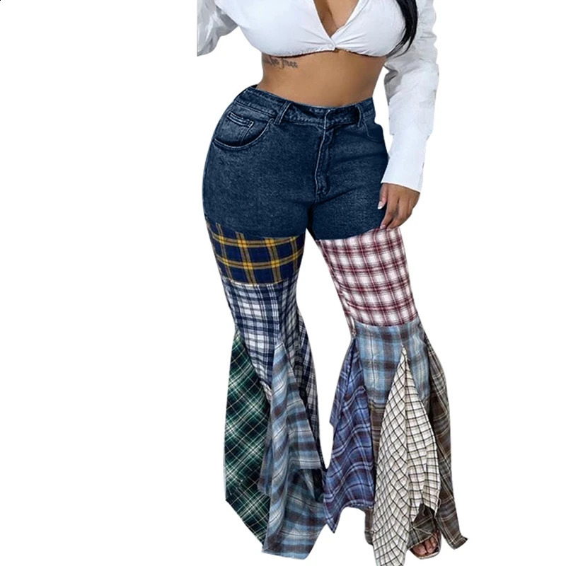 Patchwork Ruffle Flare Jeans Spring Women High Waist Plaid Printed Casual Street Jeans Trousers 240821
