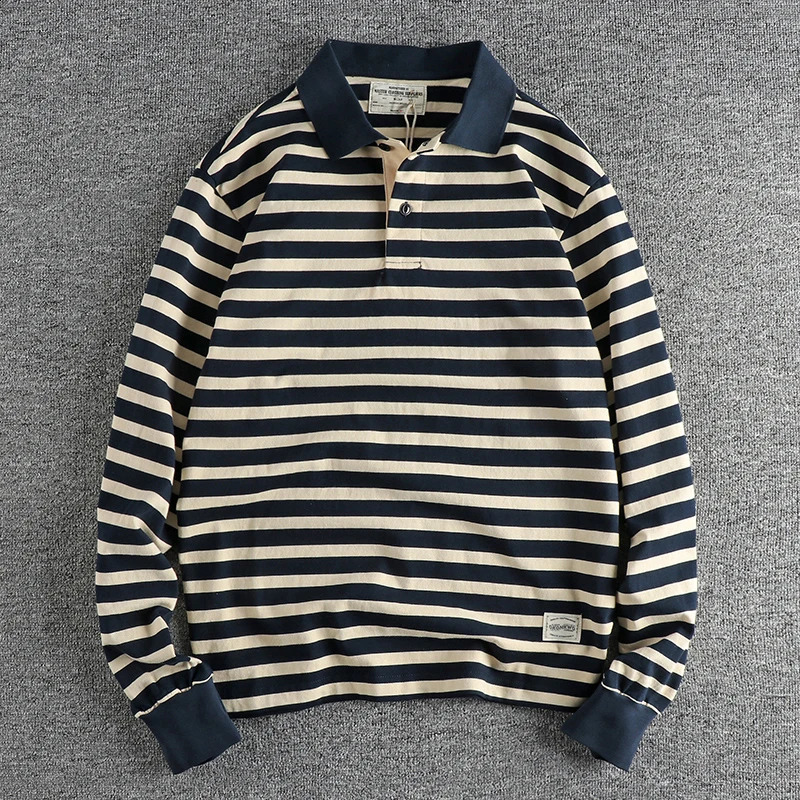 Autumn American Retro 250g Long Sleeve Laepl Sailor Striped Polo Shirt Mens Fashion 100% Cotton Washable Heavy duty Tshirt w240824
