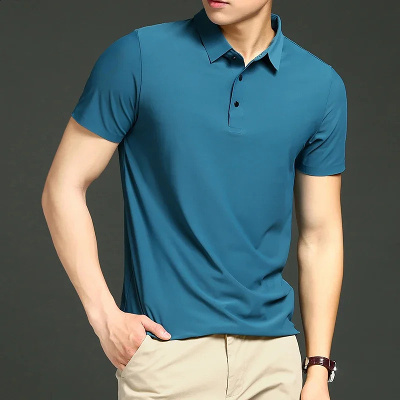 2024 Turndown Collar Mens High-End Mesh Ice Silk Short-Sleeved T-Shirt Shirt Short-Sleeved T Shirt for Men Thin Polo Shirt 240821