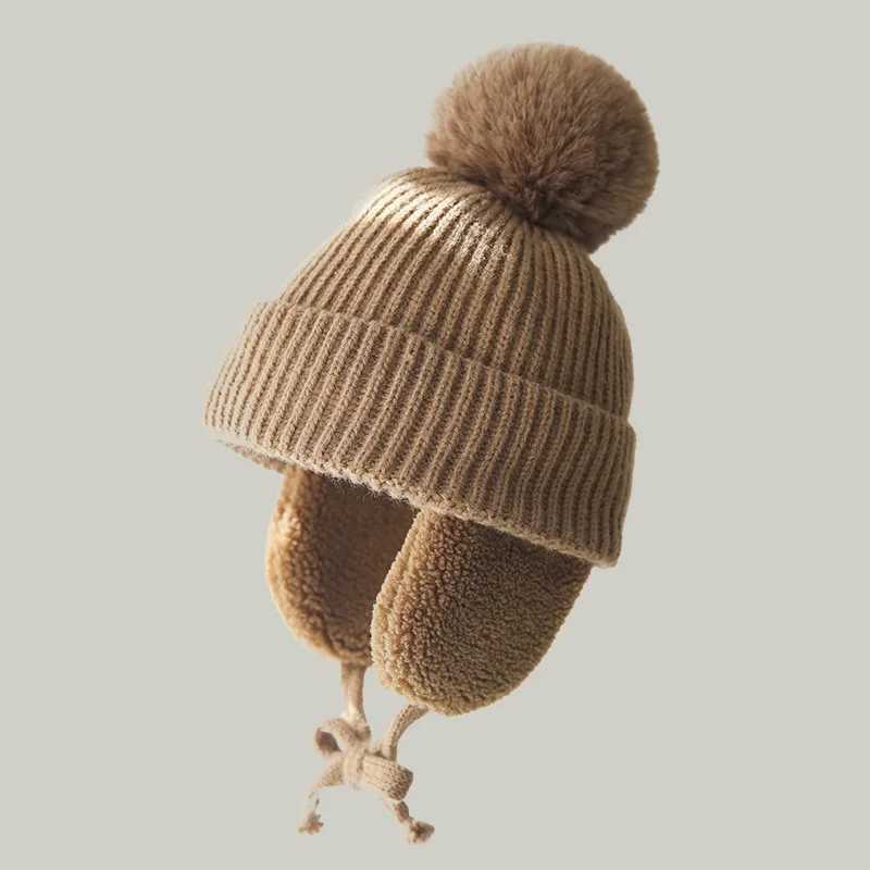 Winter baby hat with fluffy beans wool plush lining with ear cushions baby knitted hat suitable for girls boys and warm children accessories 2-6Y W241