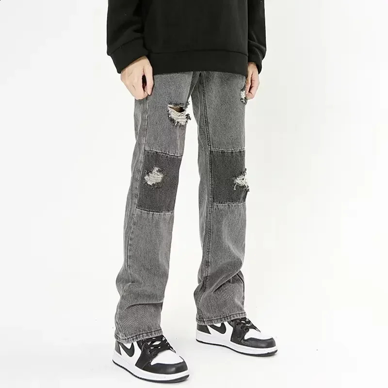 Trendy Loose-fit Straight-leg Mens Jeans Autumn Korean Style Casual Trousers Wide-leg Printing Pants For Stylish Men 240821