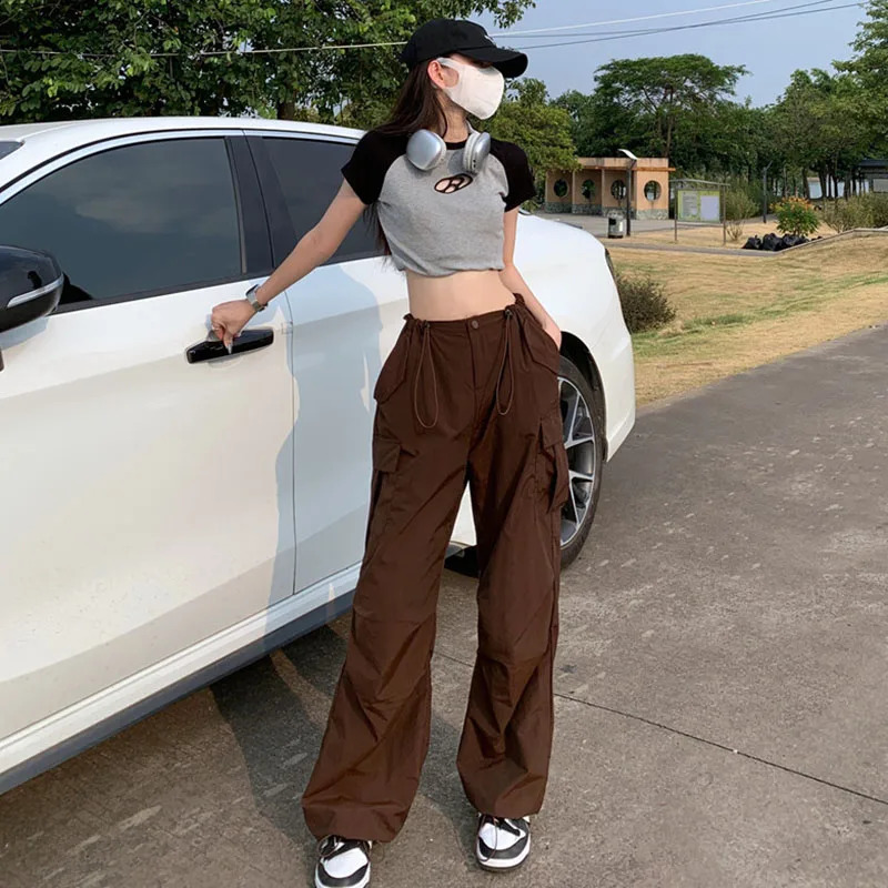 Y2K Brown Drawstring Cargo Pants Women Vintage Hip Hop Streetwear Baggy Pocket Wide Leg Trousers Summer Casual Straight 240821