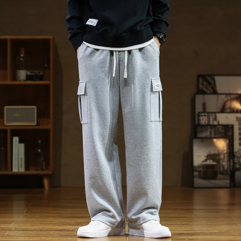 Autumn sports pants cotton mens backpack jogging cargo Korean neutral breathable loose outdoor solid color wide leg Trouser 240821