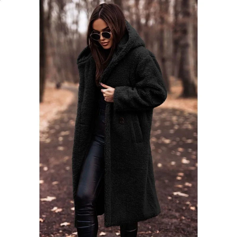 Women Solid Color Long Sleeve Woolen Coat Hooded Winter Autumn Warm Outwear Trench 240820