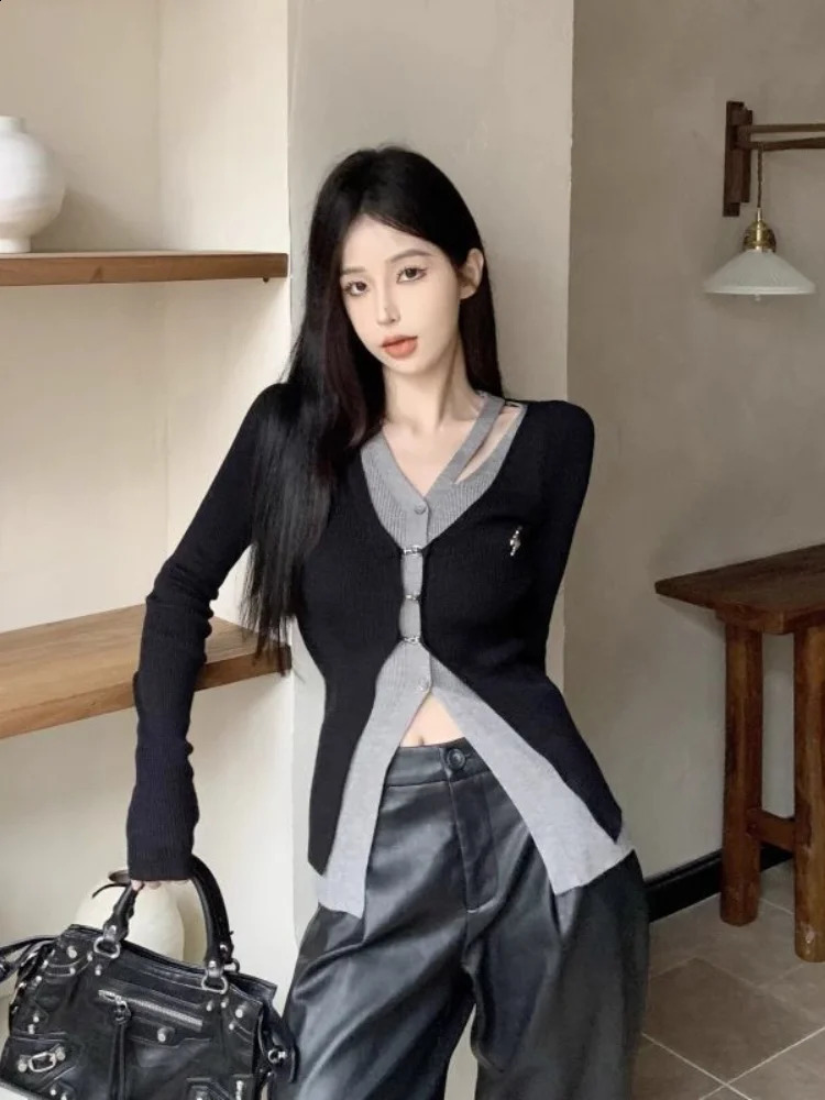 QWEEK Y2K Coquette Knitted Black Sweater Womens Alphabet Printing Korean Fashion Kpop Satin Slimming Top Autumn 240821