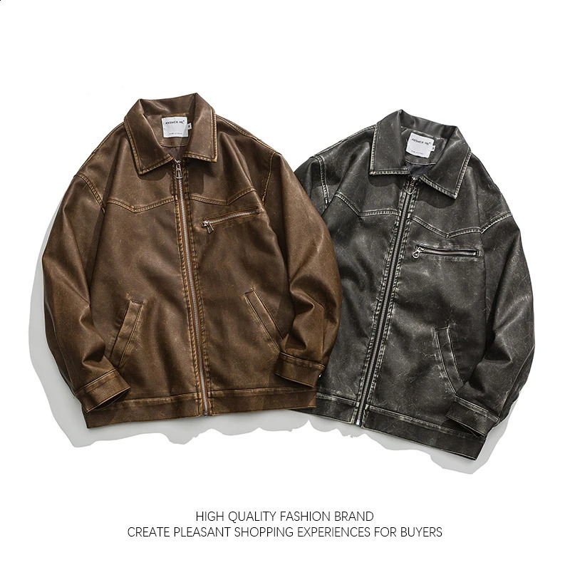 American Vintage Washed Leather Jacket for Mens Autumn Niche High-end Motorcycle Bomber Jacket Women BF Style Cool Lapel Coat 240820