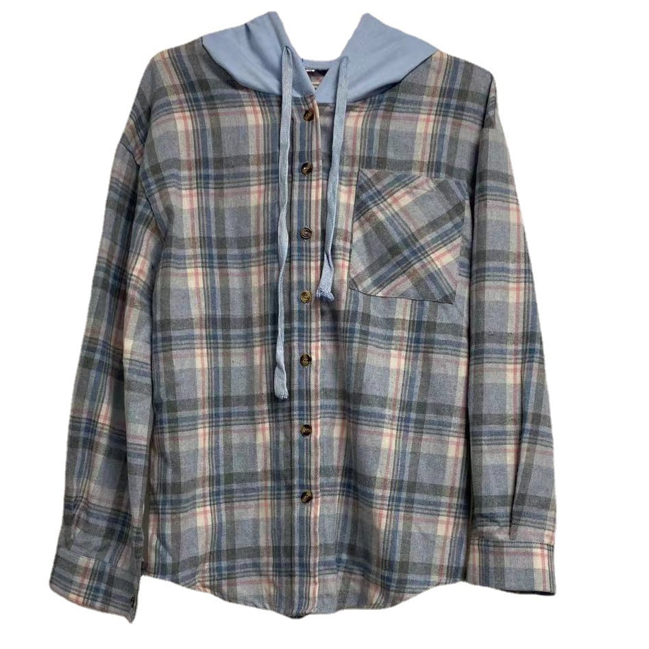 2023 New Autumn/Winter Hooded Colored Single breasted Casual Checkered Shirt Coat Women's