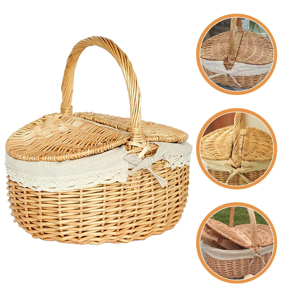 Picnic Fruit Storage Basket Easter Household Snack Container Wicker Basket with Lid Multi-function Wicker Basket Home Supply 240820
