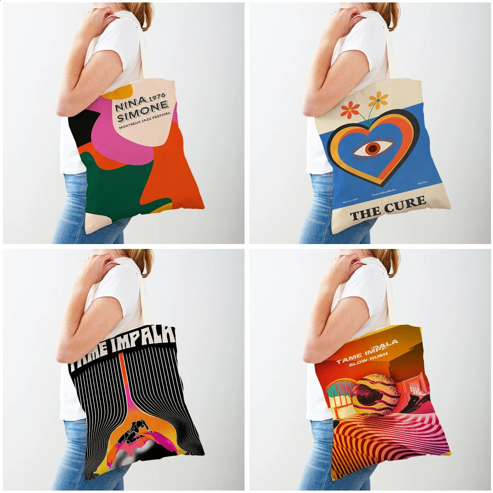 The music poster features performances by various bands shopping bags double printing casual Nordic womens canvas handbags and 240820