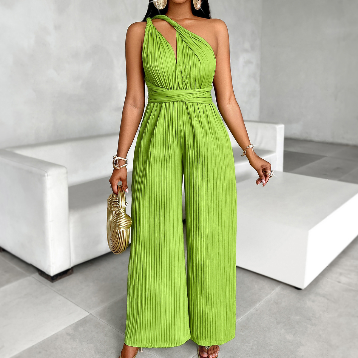 Summer Style Solid Color Slant Collar Waist Jumpsuit Casual New Product