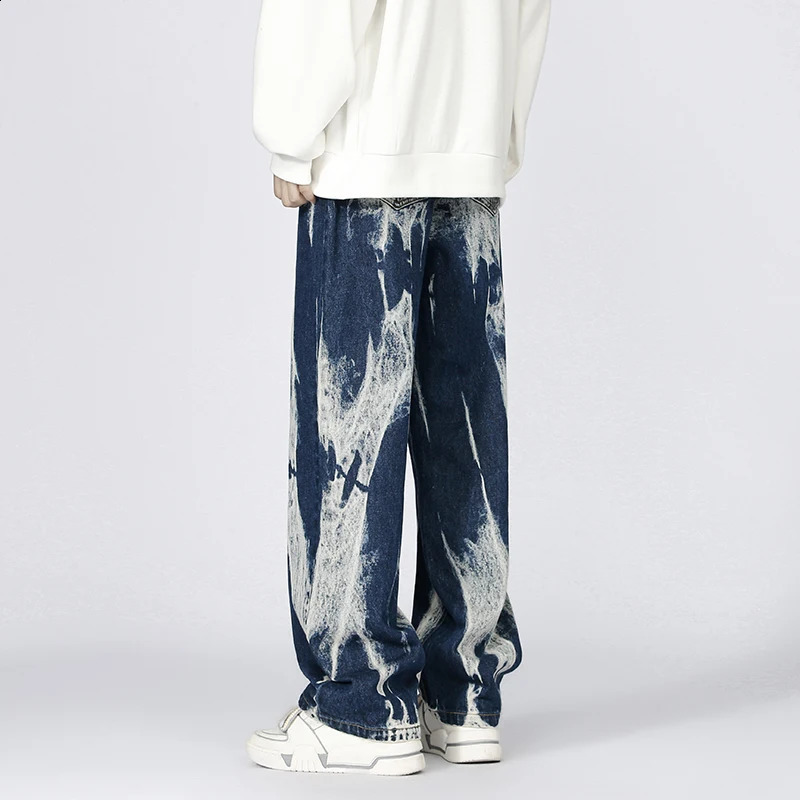 Y2k Style Mens Tie Dye Jeans Autumn Streetwear Hip Hop Loose Straight Wide Leg Pants Plus Size Baggy Denim Trousers 4XL 5XL 240821