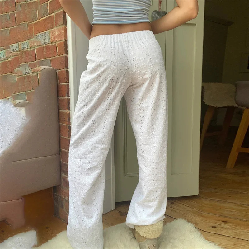 Lamuusaa y2k pants womens aesthetic clothing white hollow lace elastic low waist loose and mens 2000s streetwear 240821