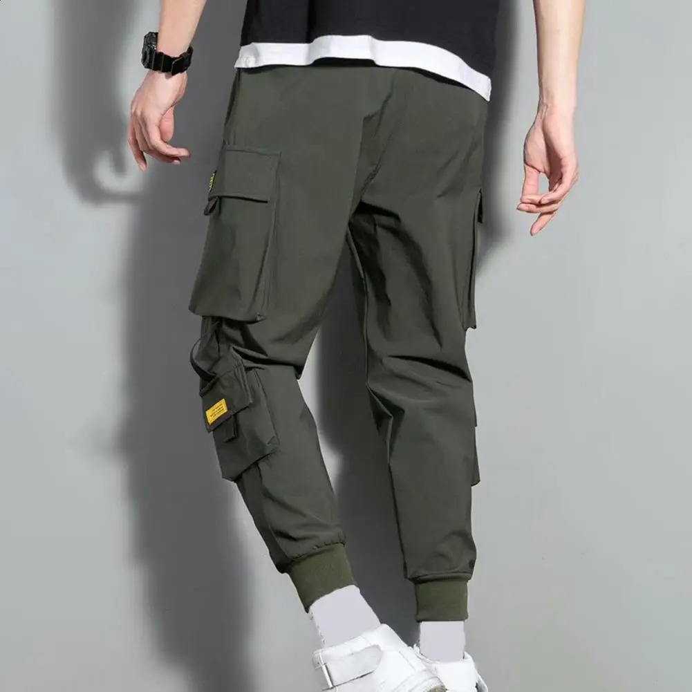 Streetwear Spring casual mens pants with multiple pockets cargo Harajuku ultrathin fit elastic waist for runners 240821