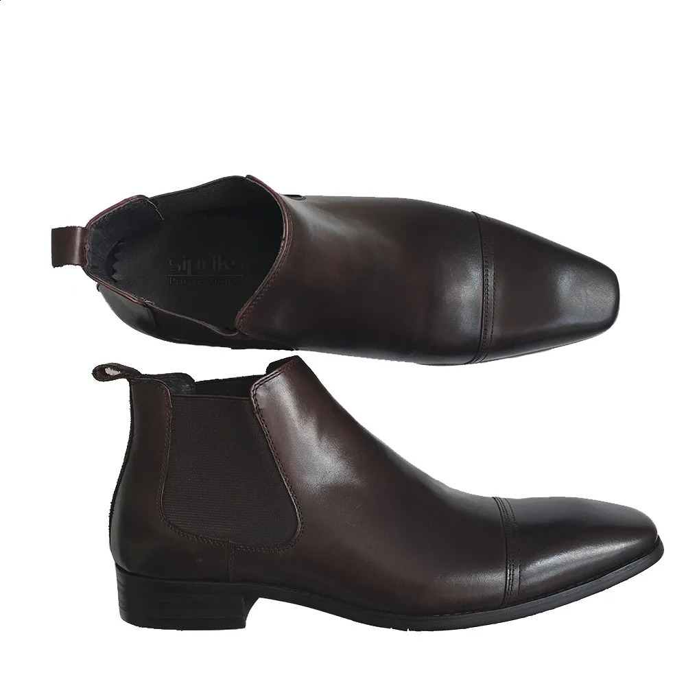 Sipriks mens Chelsea boots leather square mens denim dress boots hat sole dark brown European 44 church shoes 240821