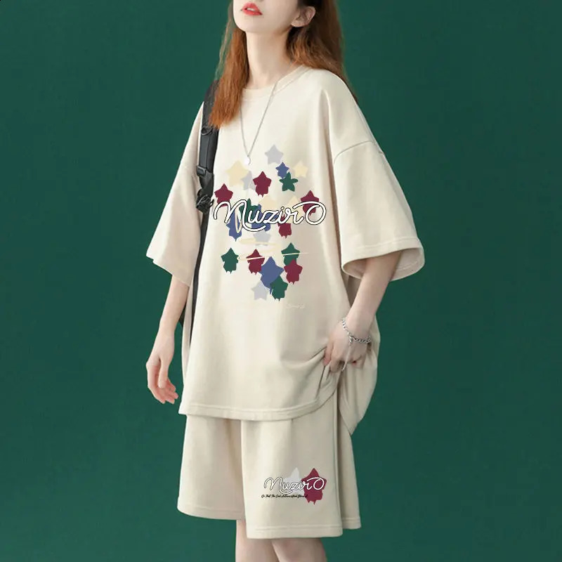 Oversized Retro Fashion Printing Athleisure Fashion Wide Leg Pants Two-piece Suit Summer Trend Young Style Elastic Waist T-Shirt 240820