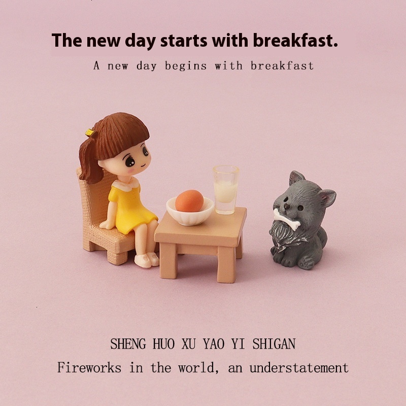 Cartoon Mini Cute Girl Eating Breakfast, Babyhouse Micro Landscape Scene Simulation Table and Chair, Dog Home Desktop Decoration