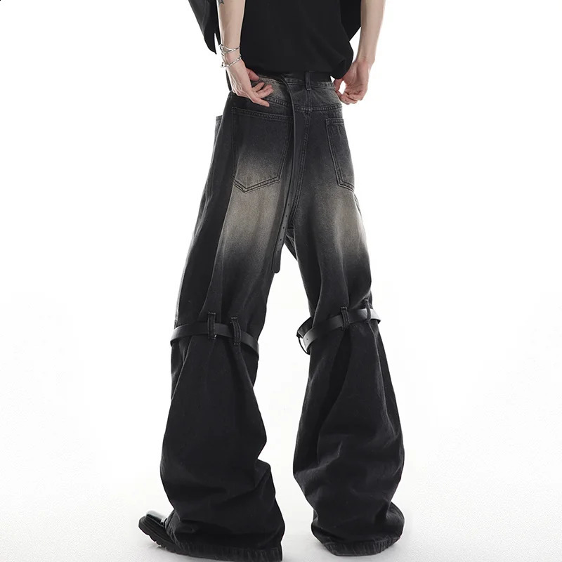 FEWQ Vintage Men Spliced Micro Flared Jeans American Style High Street Wide Leg Straight Denim Pants Summer Clothing 9A8932 240821