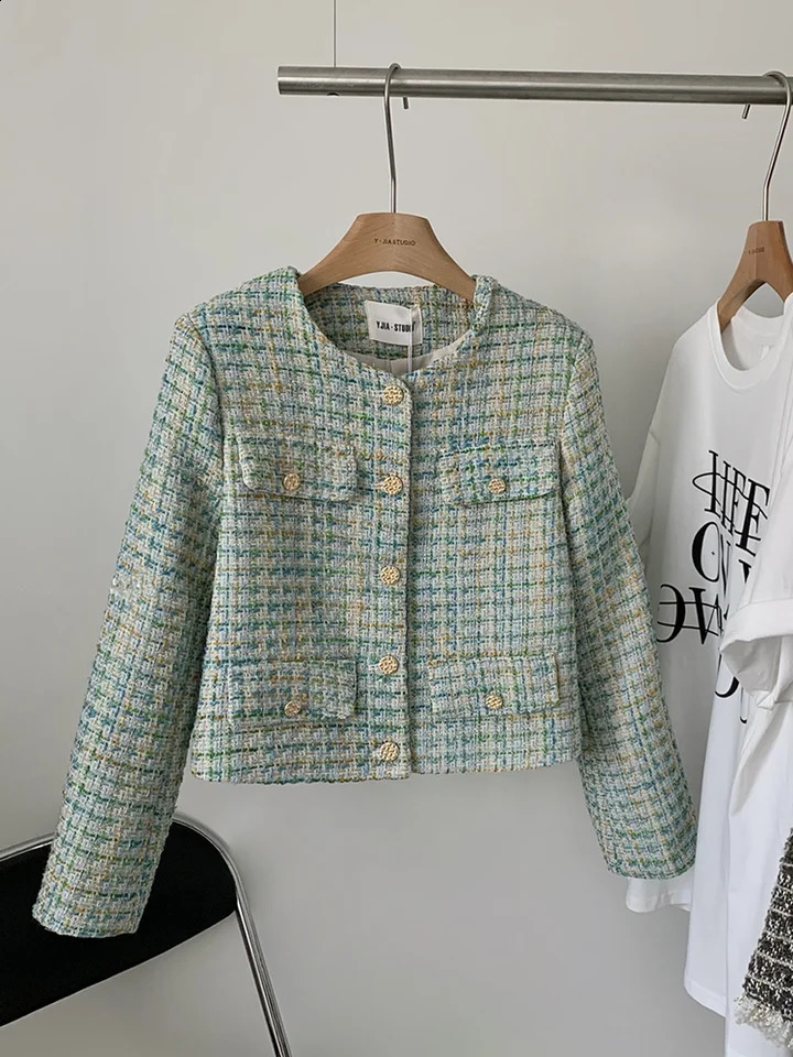Zoki Retro Green Plaid Tweed Jacket Women Elegant O Neck Long Sleeve Sweet Coat Korean Casual Vintage Female Outwear Tops 240821