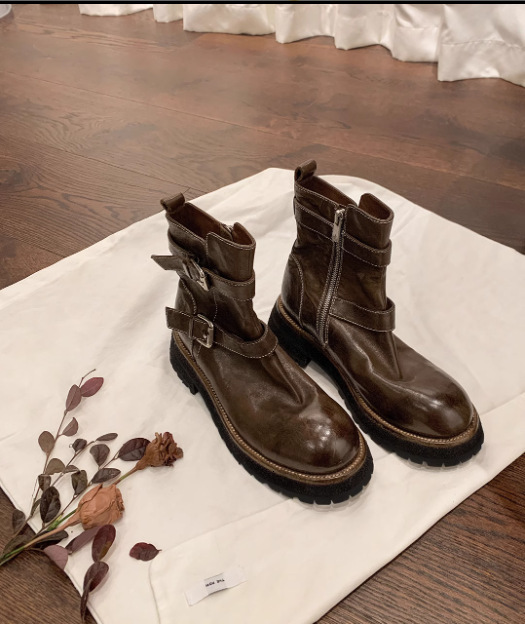 Ddmysports Same Style As Su Yinyin Annual Combat Boots Washed Wrinkle Orse Leather Buckle Strap Thick Eel Martin Short Women S Motorcycle OUTDOOR