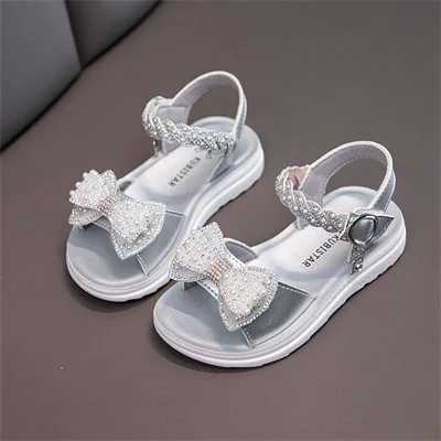 Pearl Diamond Bow Button Girls Silver/Pink Open Toe Sandals Summer Outdoor PU Fashion Sandals for Girls Sizes 26-37 W240821