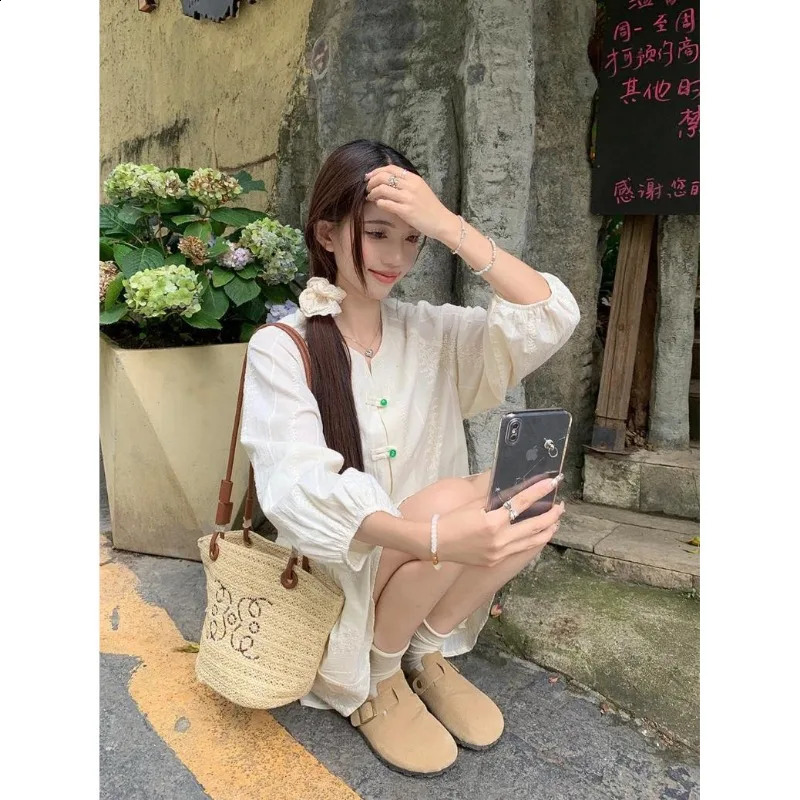 Women Summer Elegant Temperament Frog O-neck Long Sleeve Shirts Ladies All-match Solid Color High Thin Waist Skirt Two Piece Set 240820