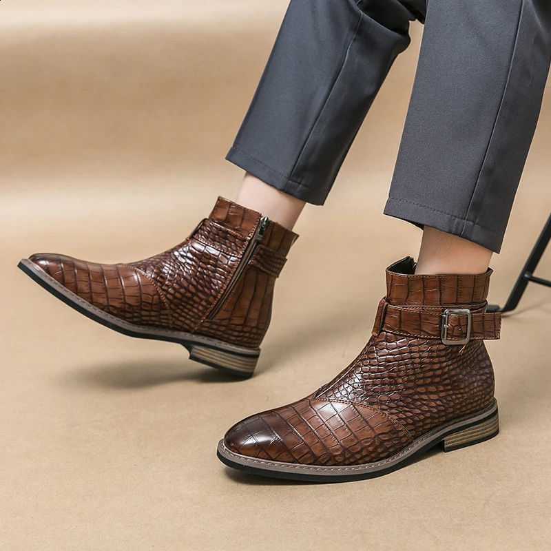 High end banquet formal boots winter ankle boots mens business shoes Pointed mens genuine leather shoes retro brown 240821