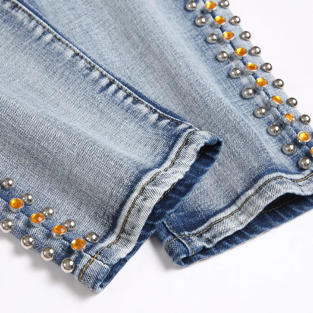 Men Side Rivet Crystal Stretch Denim Jeans Punk Holes Ripped Pants Streetwear Slim Tapered Trousers Blue Black 240821