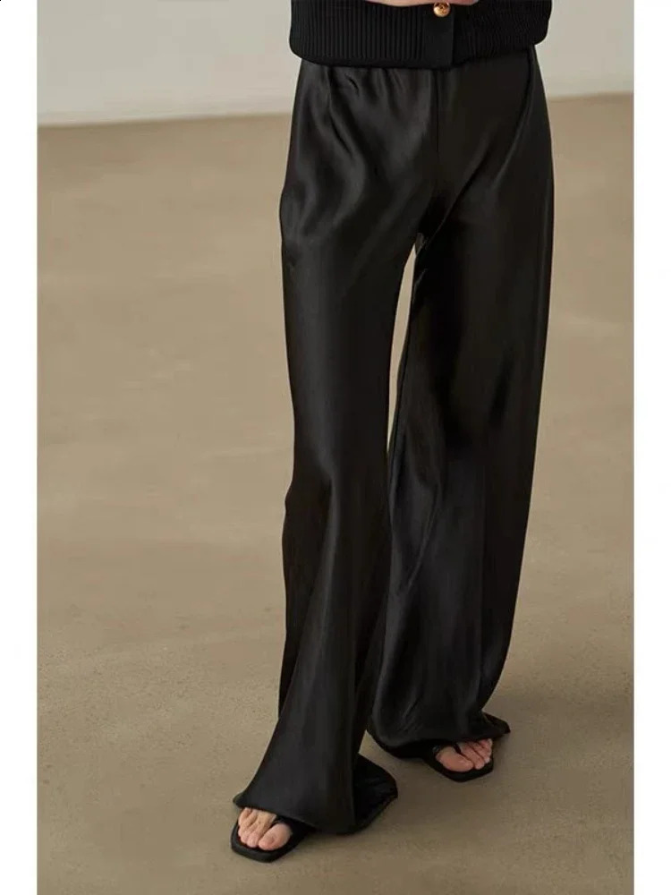 Deeptown Elegant Satin Pants Womens Summer Wide Leg Trousers Casual Baggy Korean Fashion Female Office Wear Black Pants 240821