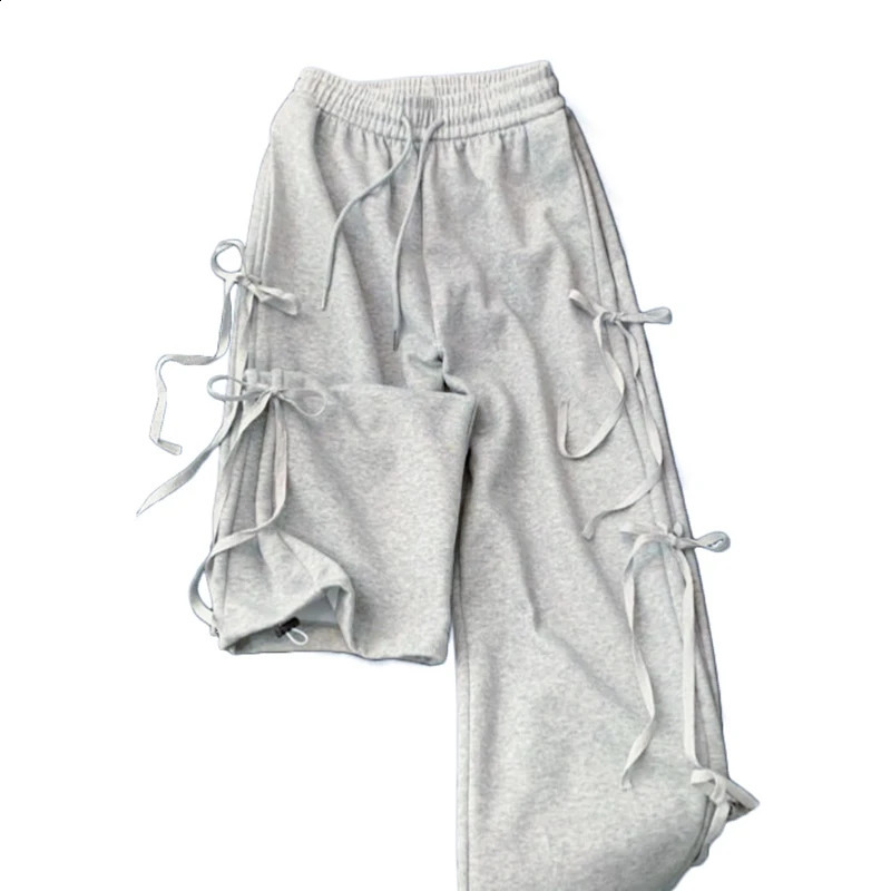 Retro Wide Leg Pants Woman Casual Lace Up Bow High Waist Loose Lounge Elastic Y2k Outfits 240821