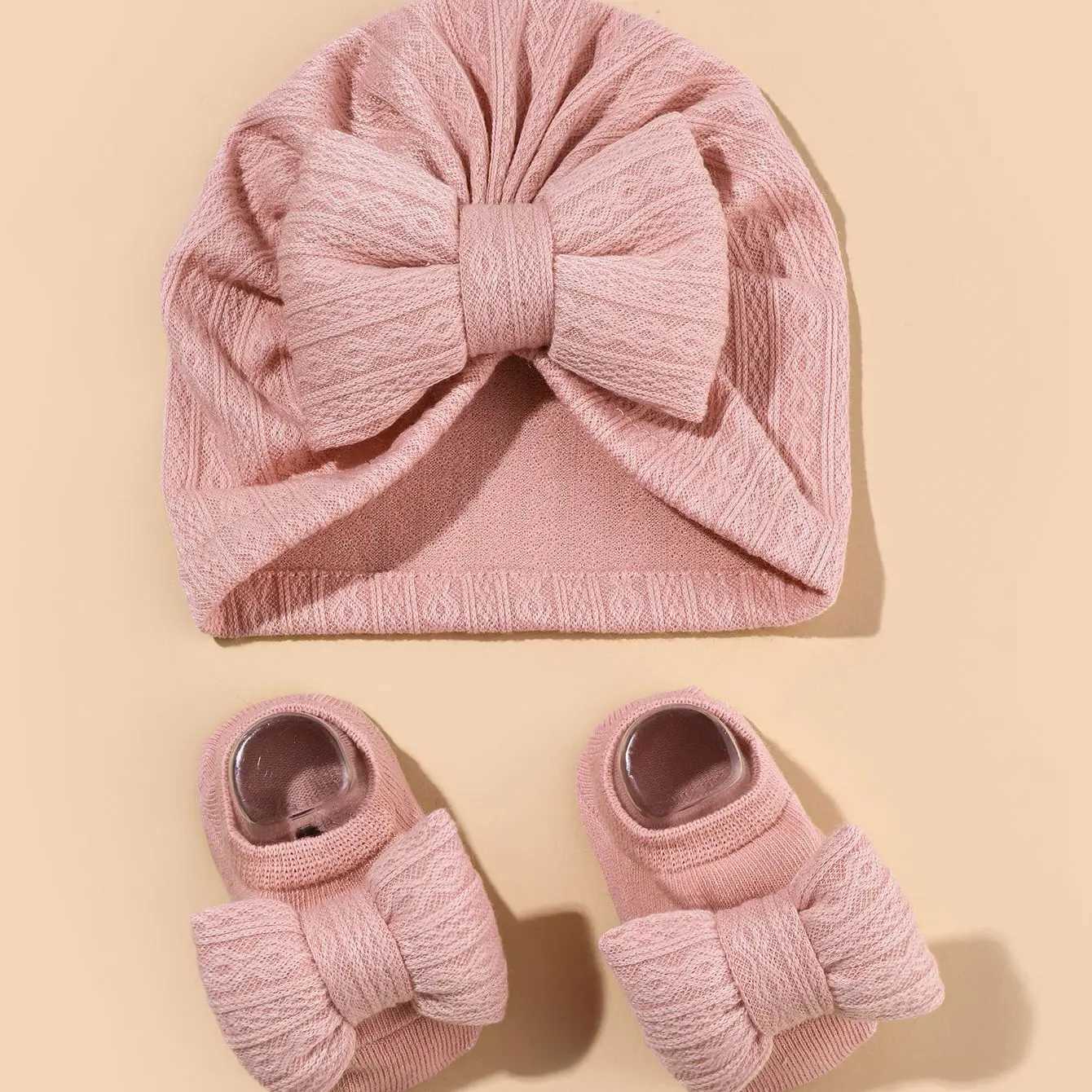 2 pieces of newborn baby bow hat sock set solid color cotton baby girl turbo hat anti slip socks W240820