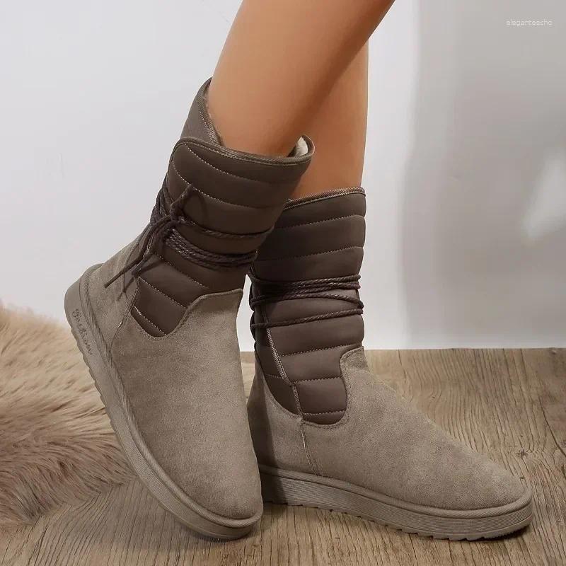 Boots 2024Platform Mid-calf Womens Winter Warm Plush Suede Snow Waterproof Designer Flats Lace Up Cotton Shoe