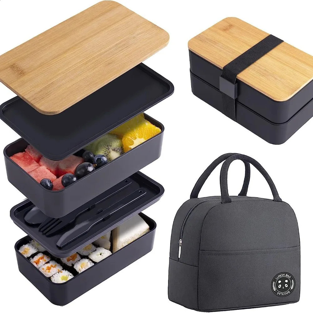 1200ML Divided Lunch Box Picnic Microwave Wooden Cover Japanese Bento Box Portable Double Layer Food Container For Kids 240821