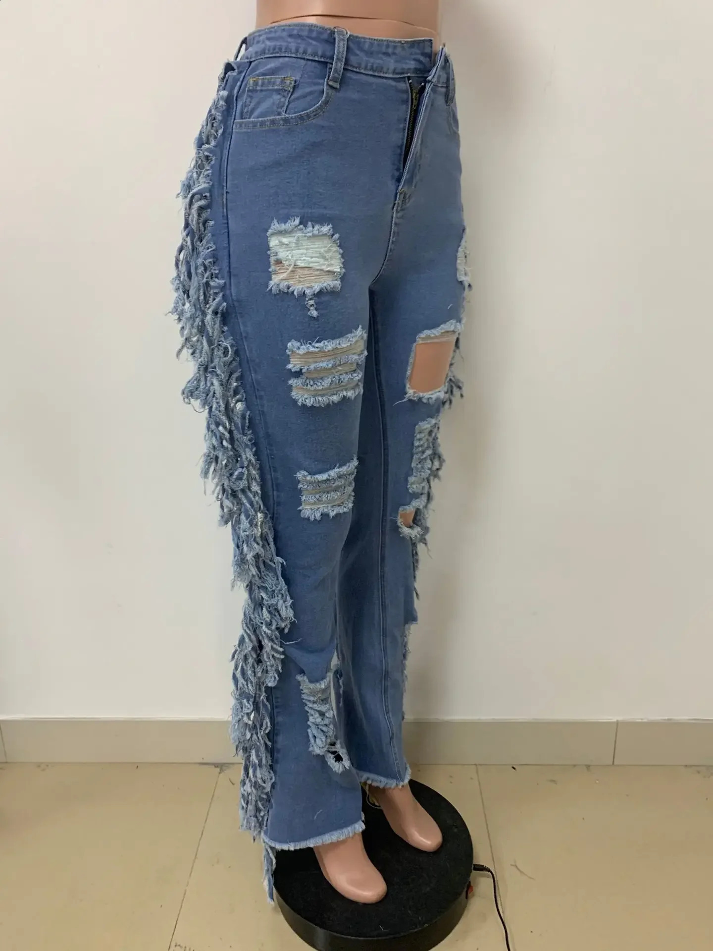 CM.YAYA Women Jeans Mid Waist Zipper Fly Ripped Full Length Flare Pants Female Fashion High Street Jeans Summer Trousers 240821