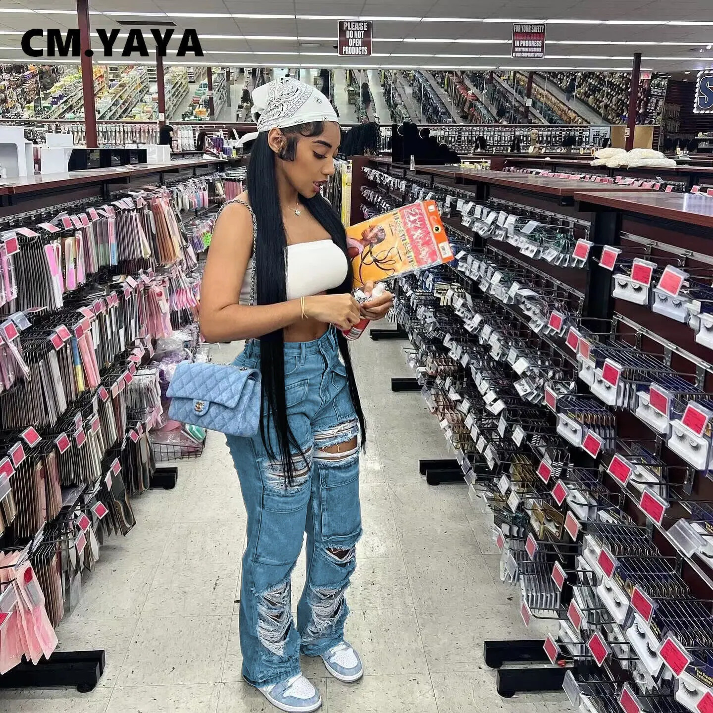 CM.YAYA Fashion Women Dripped Hollow Out Pocket Front Zipper Fly Straight Jeans Pants Steet Safari Style Denim Trousers 240821