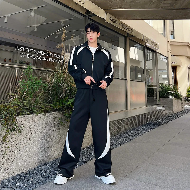 NOYMEI Personality Contrast Color n Korean Casual Loose Mens Two Pieces Set Zipper Coat Straight Pants Autumn Suits WA2937 240821