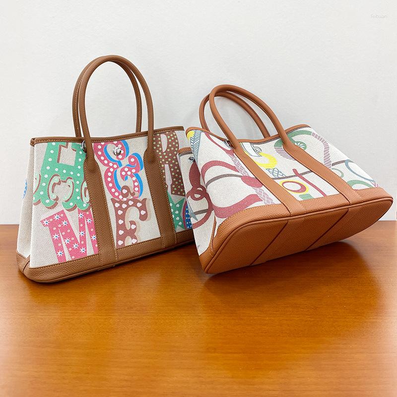 Totes Garden Bag Painted Women's Head Layer Cowhide With Canvas Shoulder Handbag Tote Mummy