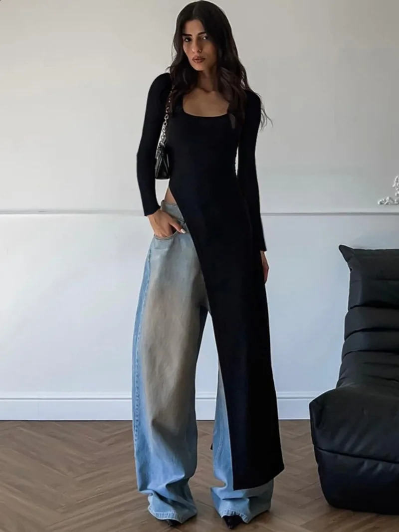 Woman Clothing Long Sleeve High Slit Black T-shirt Dress Y2K Streetwear 2024 Fall Ladies High Waist Slim Irregular Long Dresses 240821