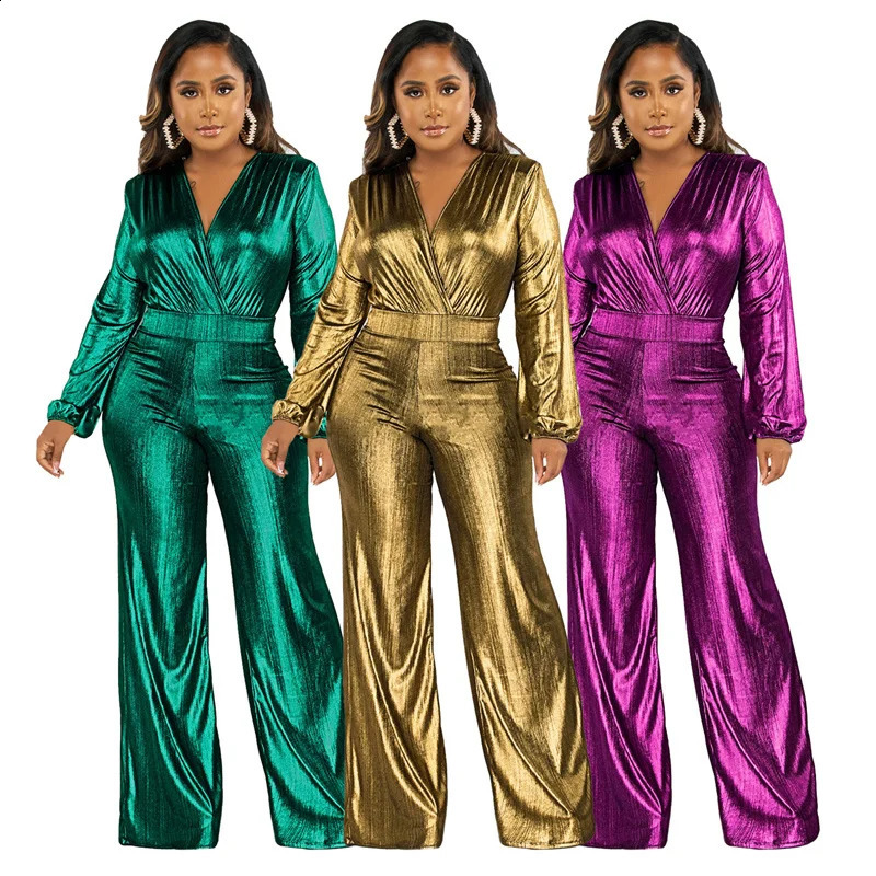 Glitter Metallic Party Nightclub Jumpsuit Women Evening Elegant High Waist Wide Leg Romper Long Sleeve Christmas Birthday Outfit 240820
