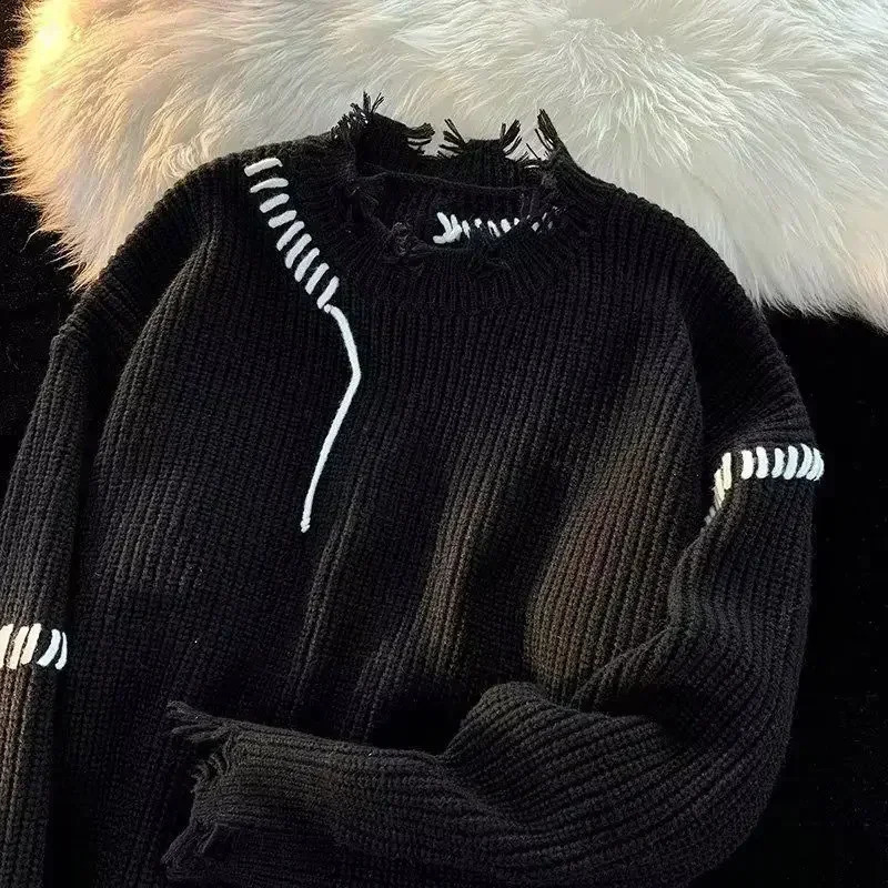 Mens Clothing Pullovers Beige Knit Sweater Male Torn with Holes Solid Color Patchwork Plain Loose Fit Korean Autumn Clothes X A 240821