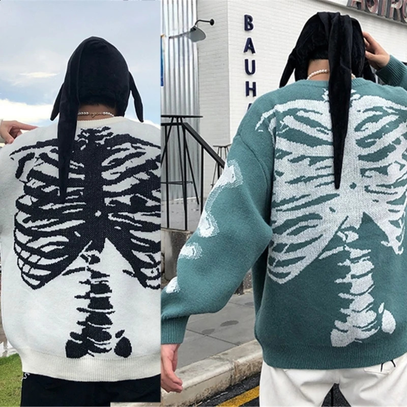 All-matching Knit Sweater for Women Men Long Sleeve Skeleton Bone Print Pullover 240821