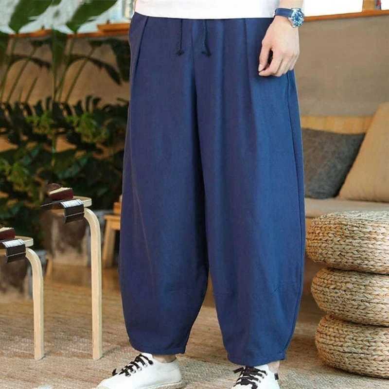 Mens summer pocket hippie cotton linen harem pants Y2K mens street clothing solid wide leg Trouser retro Drawstring PantalonesW240725
