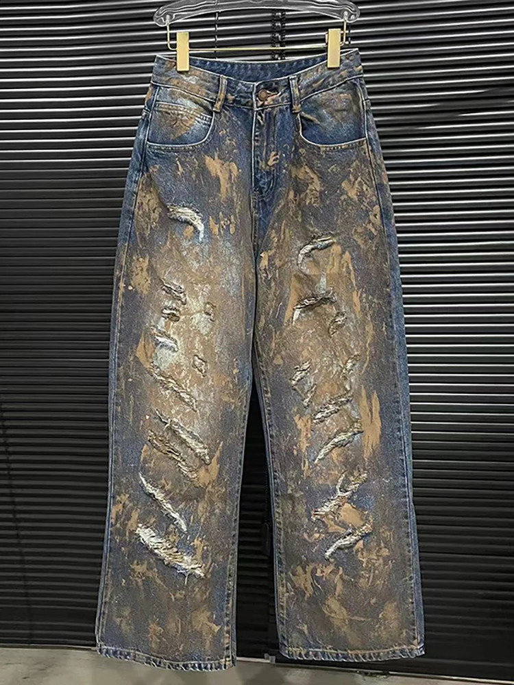 DEAT Womens Jeans High Waist Paint Distressed Broken Holes Straight Wide Leg Female Loose Denim Pants Summer Fashion 240820