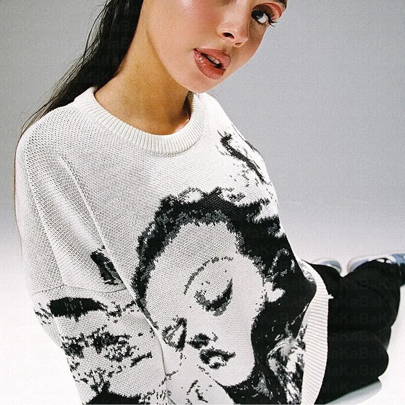 Womens Knitting Cute Anime Print Pattern O Neck Pullover Sweater Streetwear Girls Oversized Harajuku Knitwear Womens Y2k 240821