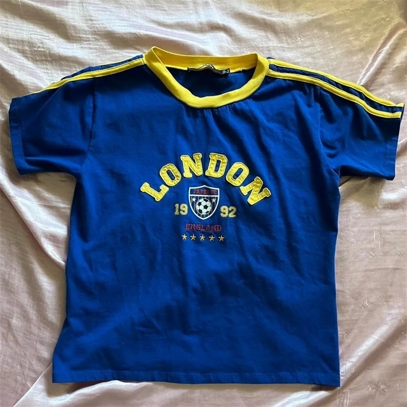Y2k London Open Navel Top Summer Womens Aesthetic Baby T-shirt Gothic Retro Letter Embroidery Casual Short sleeved T-shirt 240820